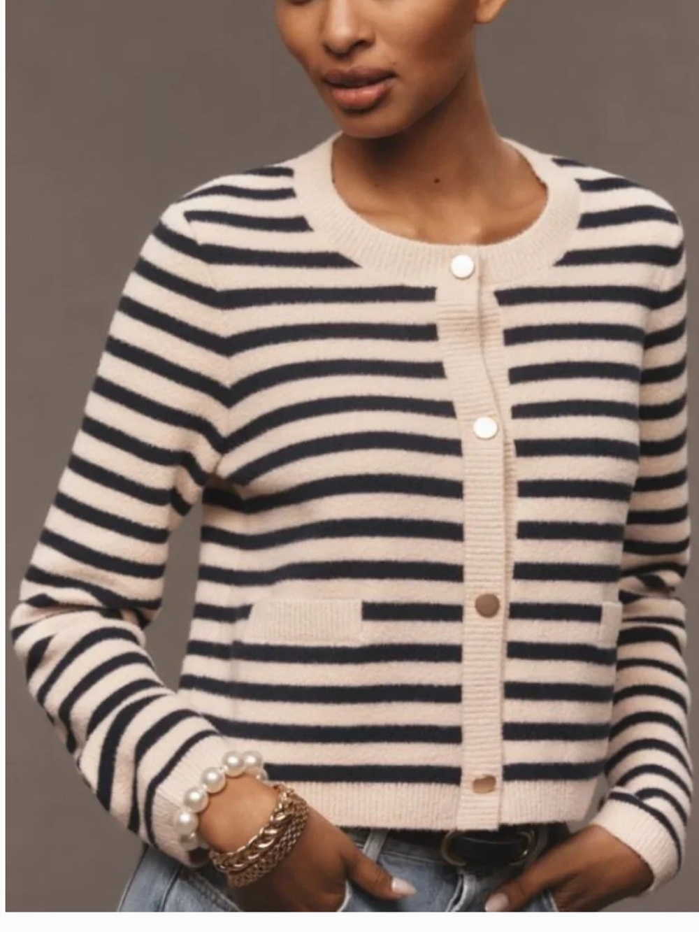 Anthropologie NVLT Striped Snap Front Cardigan Sweater Lady Jacket Cream Navy S